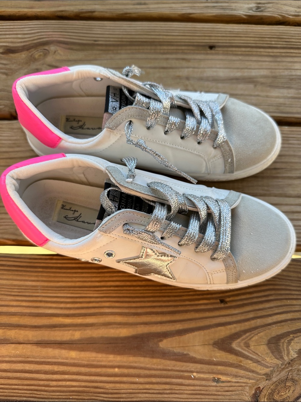 Vintage Havana Cream Sneakers with Silver Star and Pink Heel